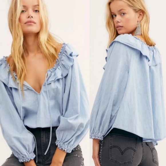 Free People Lily Of The Valley Chambray Ruffled Blouse M - Picture 2 of 14